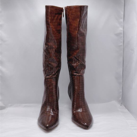 Alicepub Knee High Boots Women’s 9.5 Brown Croc Faux Leather Pointed Toe Zip - Picture 9 of 16